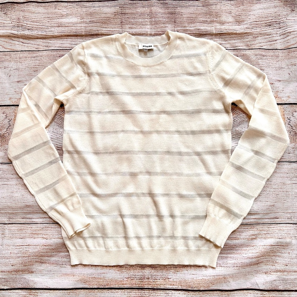 Storee Lightweight Ivory Sheer Stripe Crewneck Sweater Ladies Sz XS S